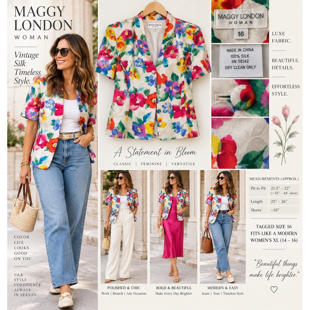 Maggy London Woman Silk Floral Blazer Jacket Vintage Jacquard Size 16 XL